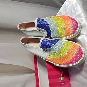 NIB-Girls Cupcake Couture Light Denim and Rainbow Glitter Slip Ons Size 3